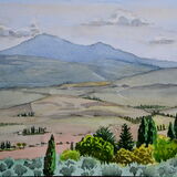 Evening view towards Monte Amiata from Pienza, Tuscany Watercolour 41 x 31cm