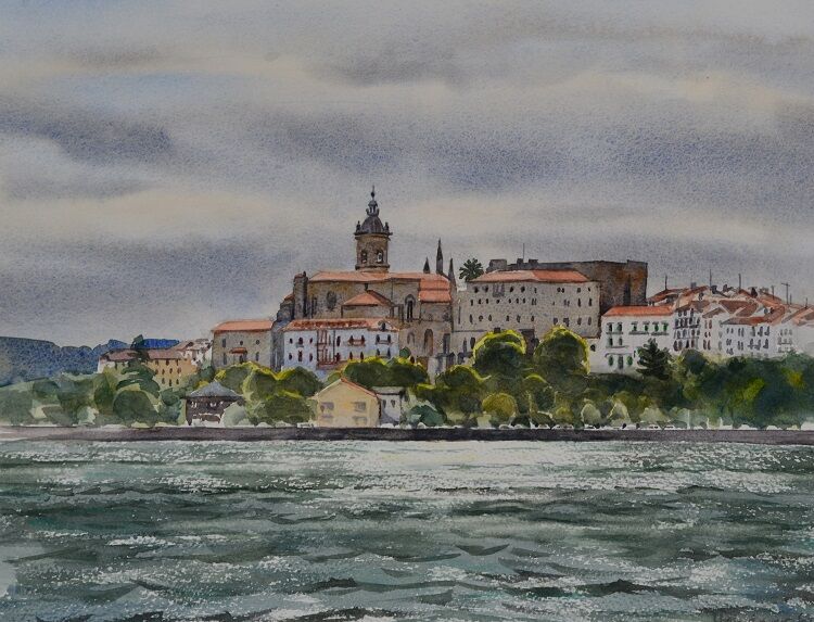 Hondarribia across the bay from Hendaye, Watercolour, 37 x 29cm