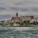 Hondarribia across the bay from Hendaye, Watercolour, 37 x 29cm