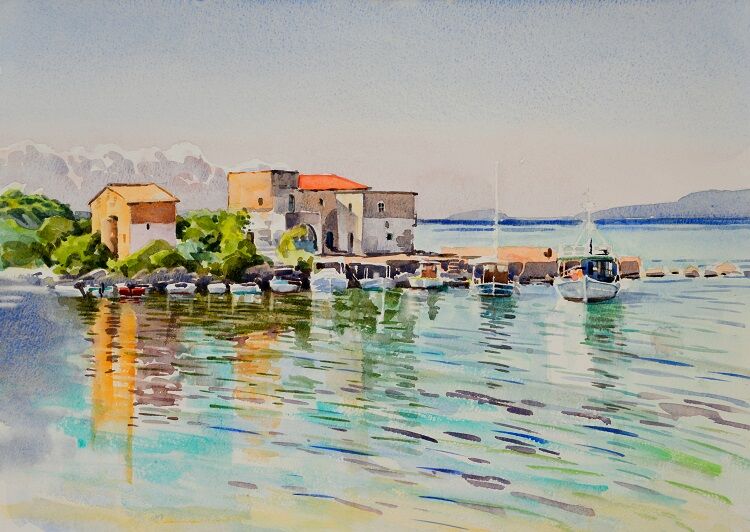 Kardamyli Harbour. Watercolour 48 x 35cm