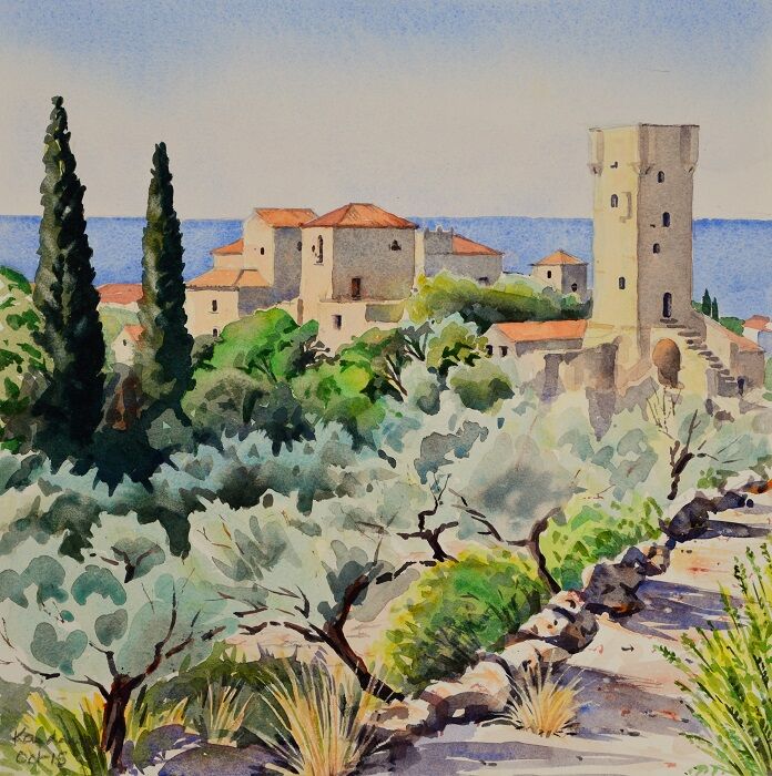 Kardamyli Old Town. Watercolour
