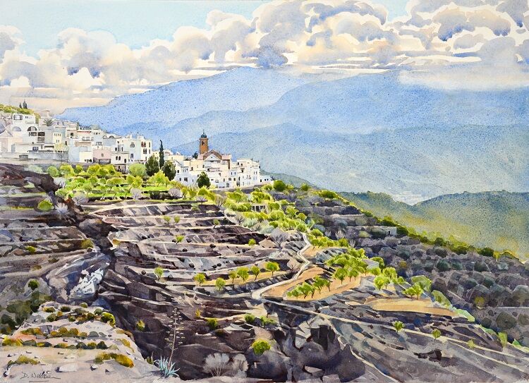 Laroles & Sierra de Gador, Alpujarras, Spain. Watercolour 70.5 x 50cm