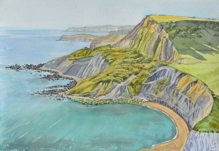 Looking down on Chapman's Pool, Jurassic Coast, Dorset Watercolour 51 x 36cm