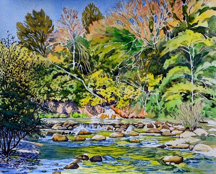 Merse River near Brenna, Tuscany Watercolour 49 x 40cm