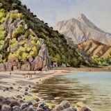 Olympos beach & Mt Tahtali, Antalya, Turkey. Watercolour 39 x 30cm