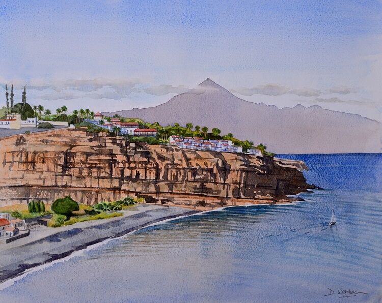 Playa Santiago, La Gomera and Mt Teide. Watercolour 49 x 39cm