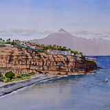 Playa Santiago, La Gomera and Mt Teide. Watercolour 49 x 39cm