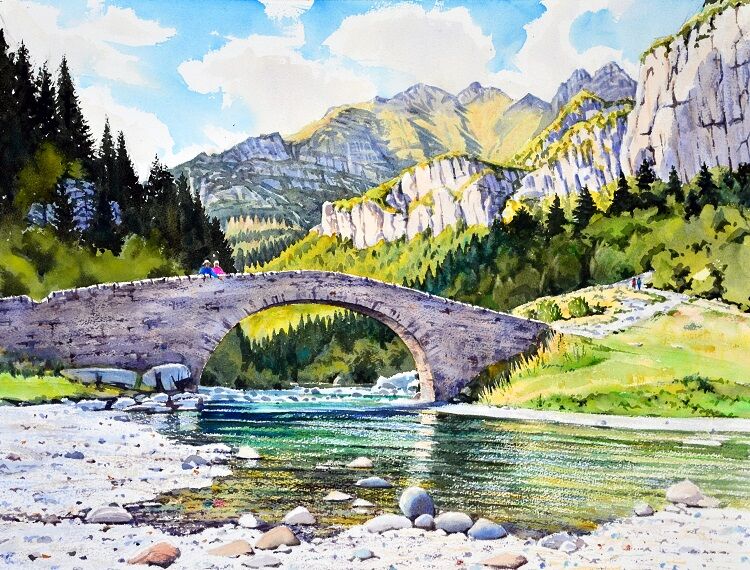 Puente de Bujaruelo, Spanish Pyrennees. Watercolour 59 x 45cm