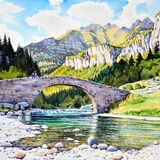 Puente de Bujaruelo, Spanish Pyrennees. Watercolour 59 x 45cm