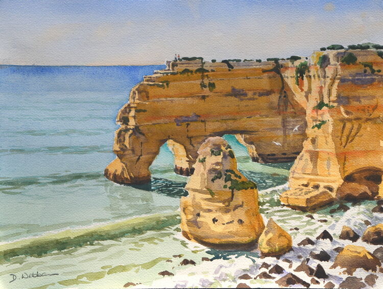 Rock arches at Marinha, Algarve, Portugal  Watercolour  41 x 31cm