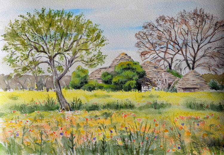 Ruined Trulli in a field of Spring flowers, Puglia, Italy Watercolour 41 x 29cm