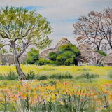 Ruined Trulli in a field of Spring flowers, Puglia, Italy Watercolour 41 x 29cm