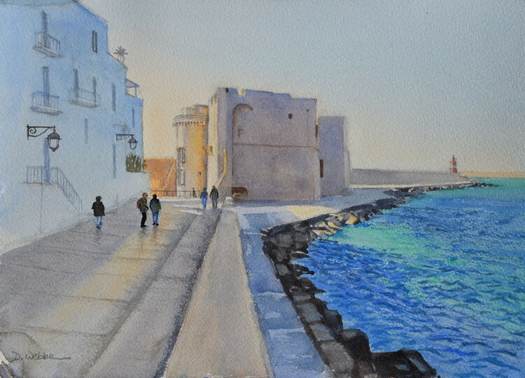Seafront and Carlos V's castle in Monopoli, Puglia, Italy  Watercolour 41 x29cm