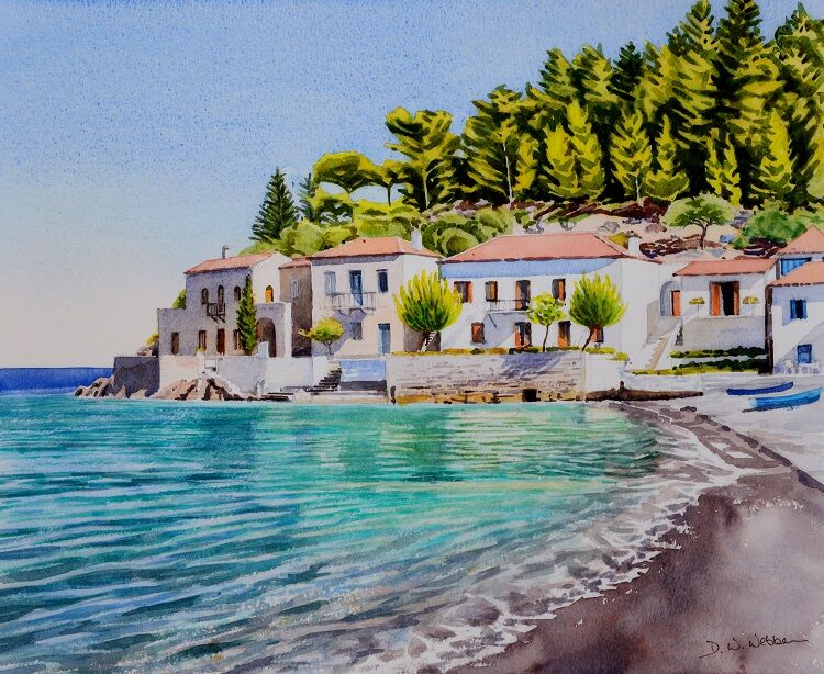 Seafront at Paralia, Kyparissi, Pelleponese,  Watercolour