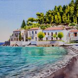 Seafront at Paralia, Kyparissi, Pelleponese, Watercolour