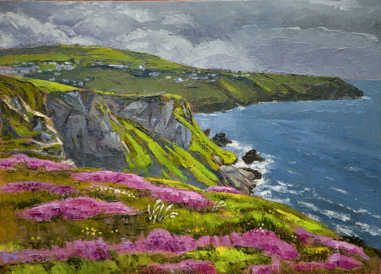 Heather on the cliffs near St Agnes, Cornwall Oil 24 x 33cm