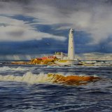 St Marys Island and lighthouse, Whitley Bay. Stormy Day. Watercolour 70 x 48cm