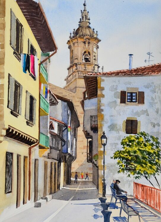 Street & church tower, Hondarribia, Basque Country. Watercolour 29 x 39cm
