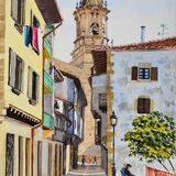 Street & church tower, Hondarribia, Basque Country. Watercolour 29 x 39cm