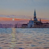 Sunrise behind San Giorgio Maggiore. Watercolour 55 x 37cm