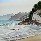 Towards Calpe from Moraira, Spain. Watercolour 40 x 30 cm adj