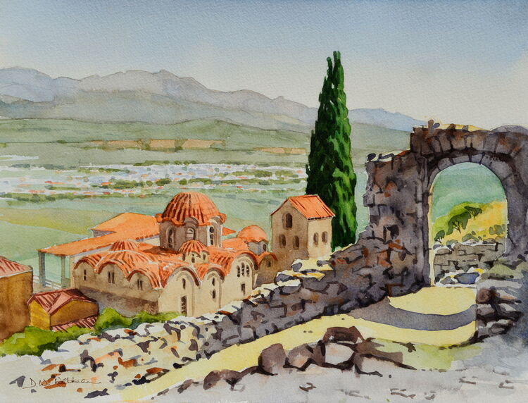Towards Sparta from Mystras. Watercolour 40 x 30cm res