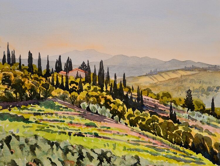 Tuscan Hillside. Watercolour 39 x 30cm