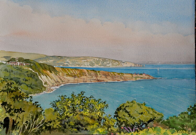 View towards Old Harry Rocks from Durlston Castle Swanage. Watercolour 51 x 36cm