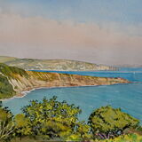 View towards Old Harry Rocks from Durlston Castle Swanage. Watercolour 51 x 36cm