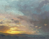 A Good Start. A medium size oil painting of a sunrise over the Welsh Mountains of South Wales, with oranges blues and pinks, an uplifting painting to add optimism to each day