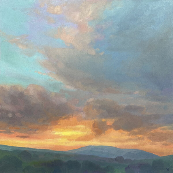 Amber Hush. A medium size oil painting of a glowing sunrise over mountains, a warm optimistic painting suitable for a bedroom or a living room