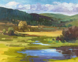 oil painting of puddles and autumn colours on Llantrisant common with Smaelog woods in the distance