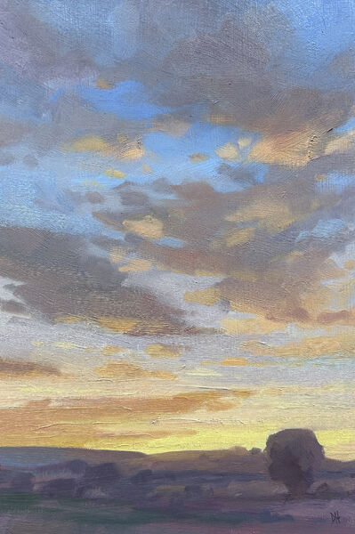 Small oil painting of a sunrise with a tree in the foreground, a painting suitable for any room in the home