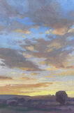 Small oil painting of a sunrise with a tree in the foreground, a painting suitable for any room in the home