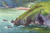 plein air oil painting of Barafundle Bay and the green cliffs and sparkling sea