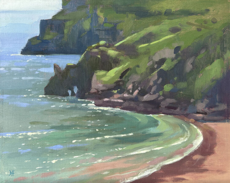 plein air oil painting of Barafundle Bay cliffs and sparkling sea