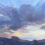 Blue Dawn. A medium size oil painting of a sunrise over mountains with a blue hue, a relaxing painting suitable for a bedroom or a living area