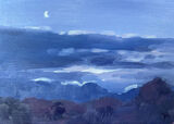 Small Oil painting of the moon above the clouds with blue hues