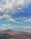 oil painting of blue sky and fluffy clouds over Sugarloaf Mountain in South Wales