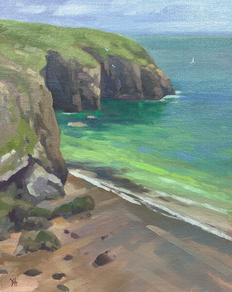 oil painting of green jewel sea and cliffs at Broadhaven South in Pembrokeshire