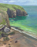 oil painting of green jewel sea and cliffs at Broadhaven South in Pembrokeshire