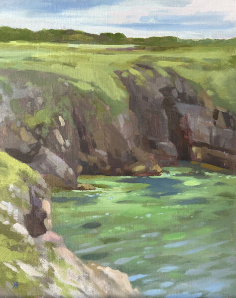 oil painting of the green sea shallows and cliffs at Broadhaven South in Pembrokeshire on a summers day