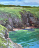 oil painting of the green sea shallows and cliffs at Broadhaven South in Pembrokeshire on a summers day