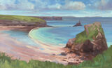 Oil painting of Broadhaven South Beach from the cliffs on a sunny summer day, coastal painting for the home. An ideal painting for a lover of the welsh coast