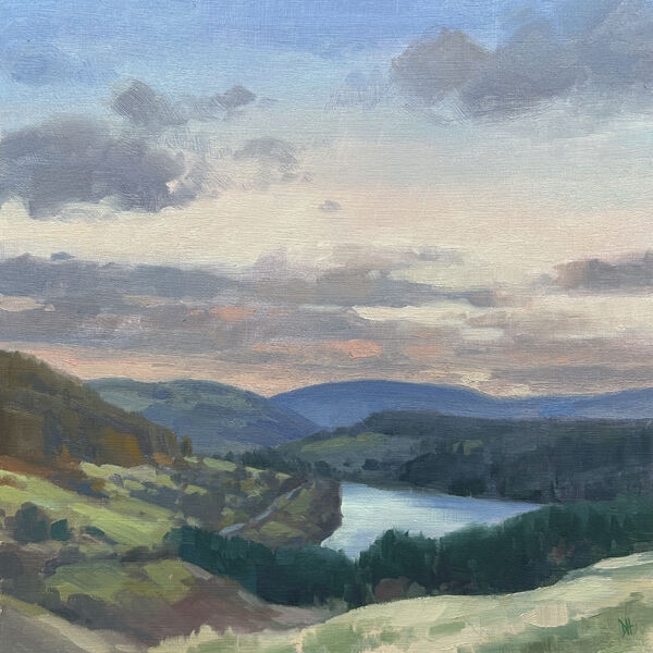 oil painting of the Cantref Reservoir valley at dusk in Brannau Brycheiniog National Park