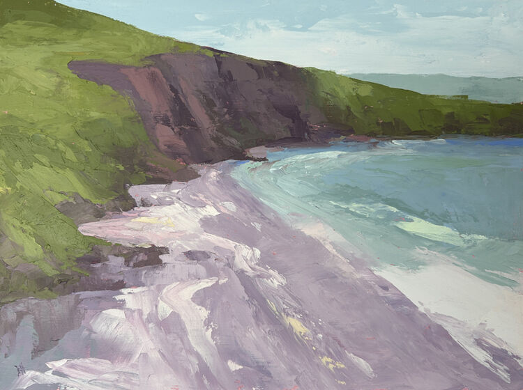 Palette knife oil painting of the cliffs and beach at Freshwater West on a summers day