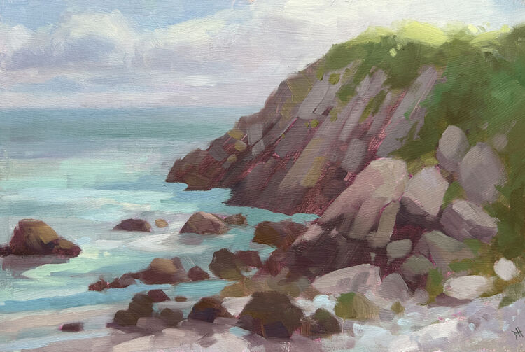 oil painting of the cliffs and beach at Stackpole, with turquoise sea