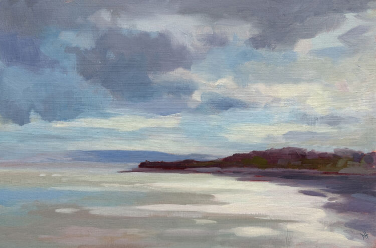oil painting of shower clouds over Lavernock from Penarth Pier, with light breaking through and bouncing off the sea, painted en plein air in an impressionistic style