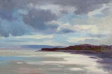 oil painting of shower clouds over Lavernock from Penarth Pier, with light breaking through and bouncing off the sea, painted en plein air in an impressionistic style