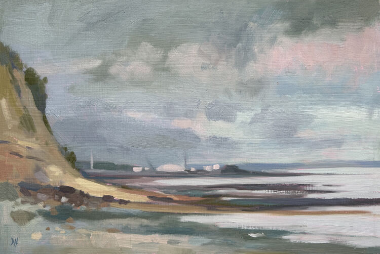 oil painting of shower clouds over Penarth and Cardiff Bay, painted en plein air in an impressionistic style